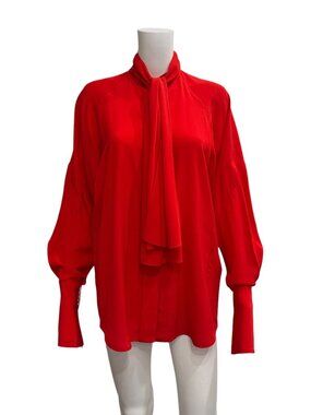 $1015 Victoria Beckham Red Draped Silk Neck Tie Blouse size 4/FR 36